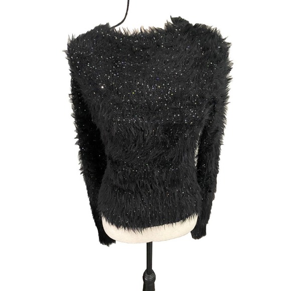 Zara Fuzzy Eyelash Black Sparkly Cropped Crewneck Sweater Size Small NEW - Picture 3 of 6